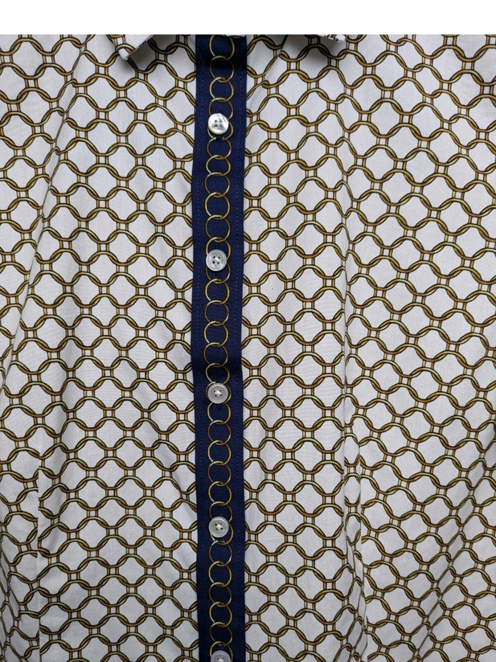 Talbots Non Iron Geometric Chain Print Button-Down Shirt Navy Placket - Picture 3 of 8